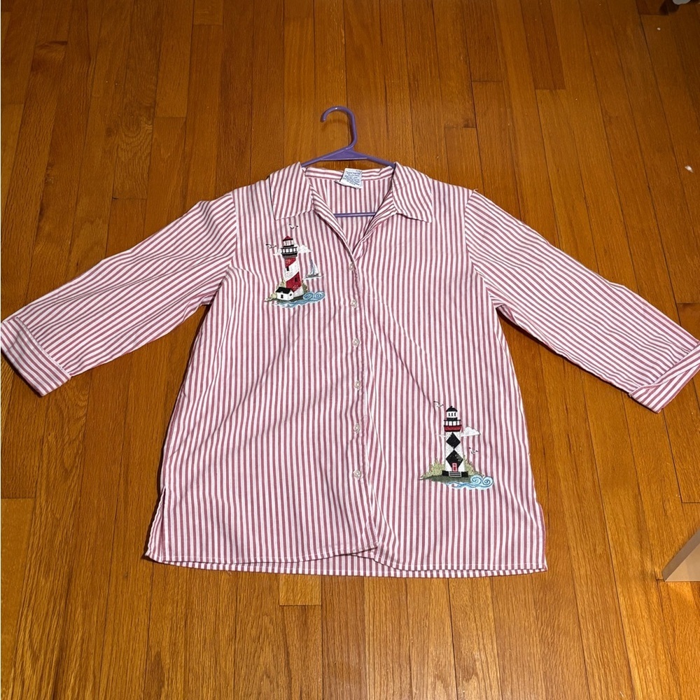 Coastal grandma nautical lighthouse button up striped top Blair medium - Picture 5 of 10